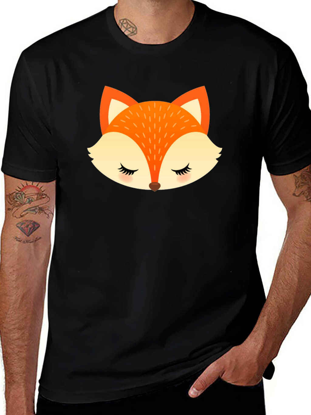 Cute Fox Face Graphic Black T-Shirt