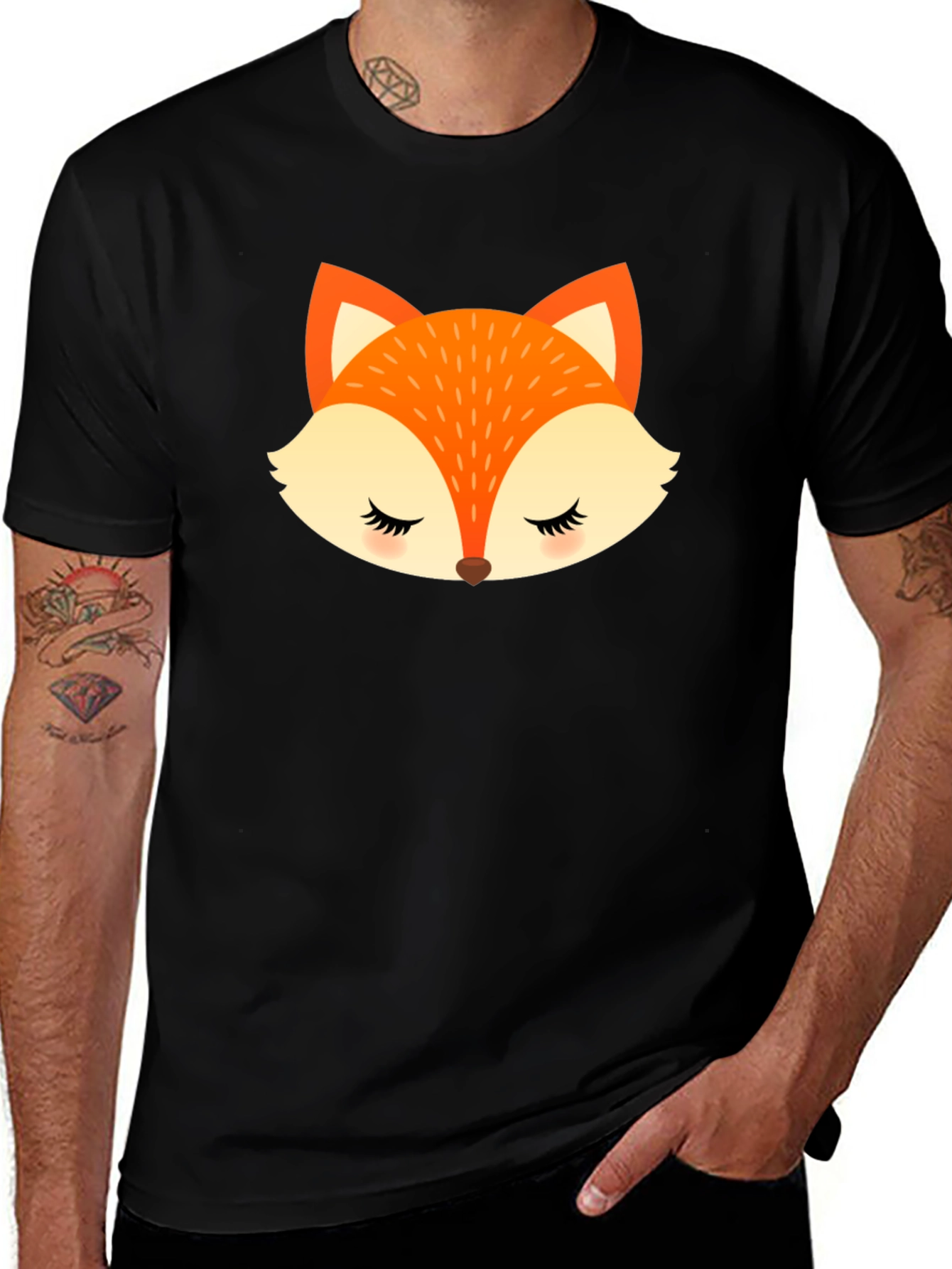 Cute Fox Face Graphic Black T-Shirt