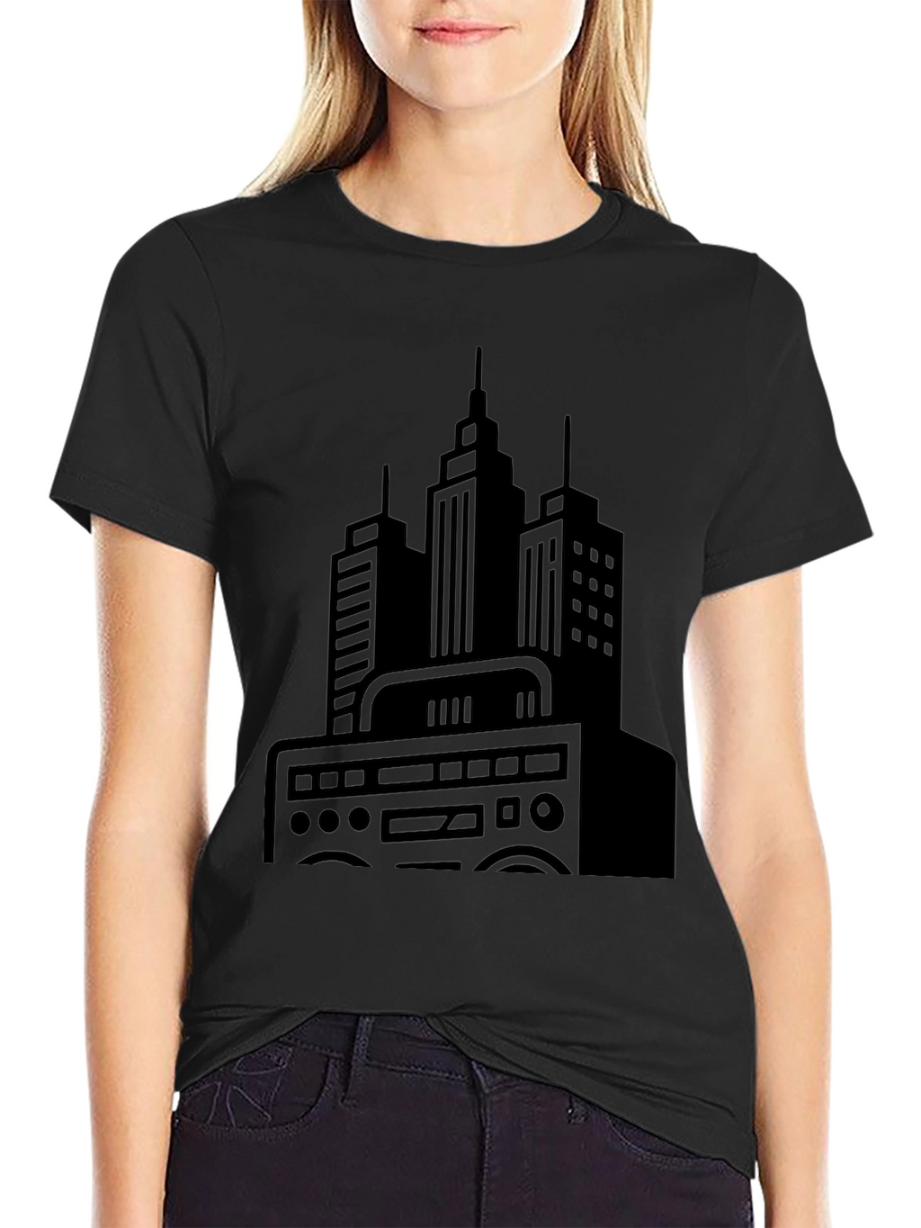 Urban Beat Black Tee - Cityscape Boombox Graphic T-Shirt