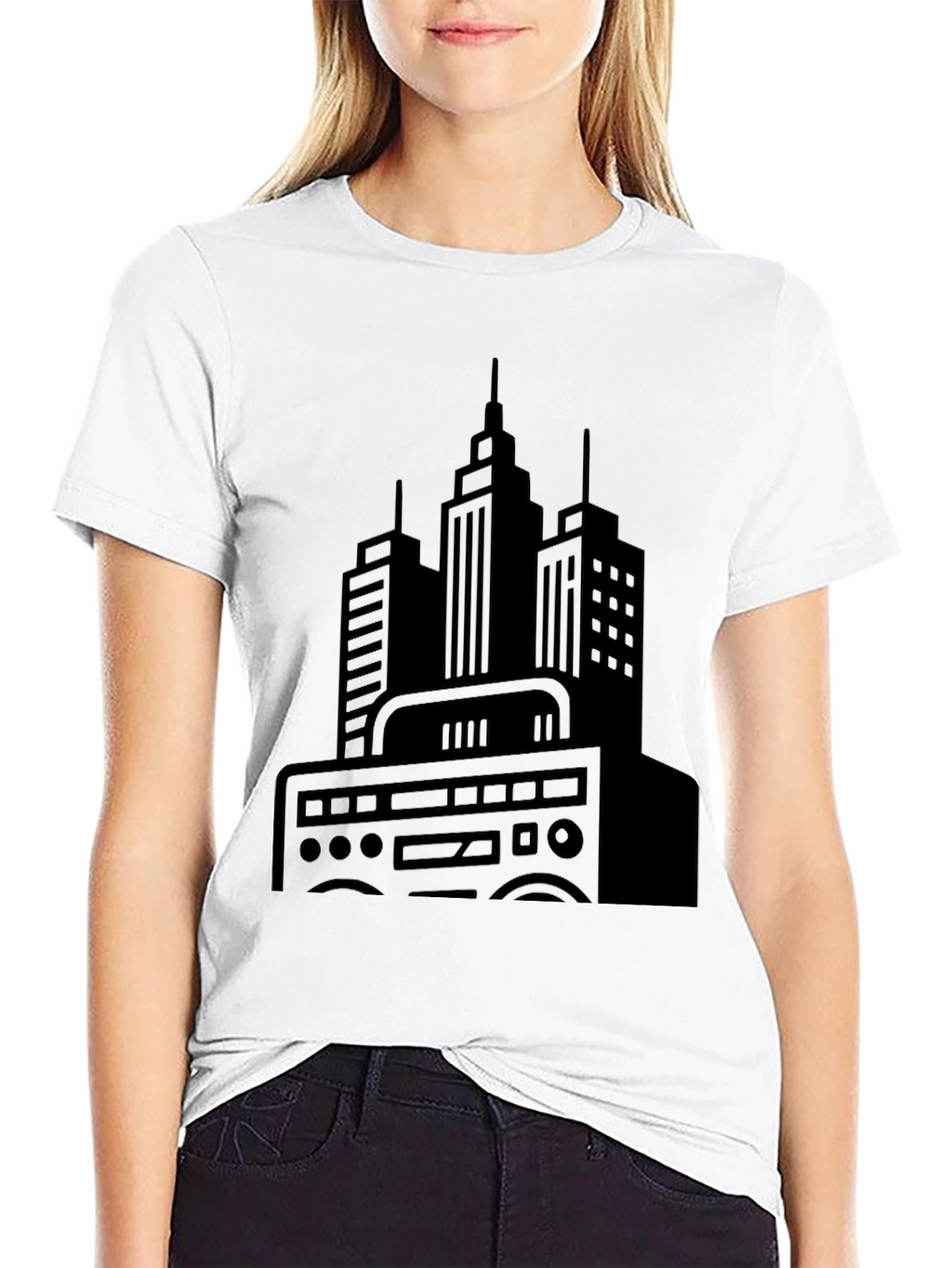 Urban Beat Black Tee - Cityscape Boombox Graphic T-Shirt