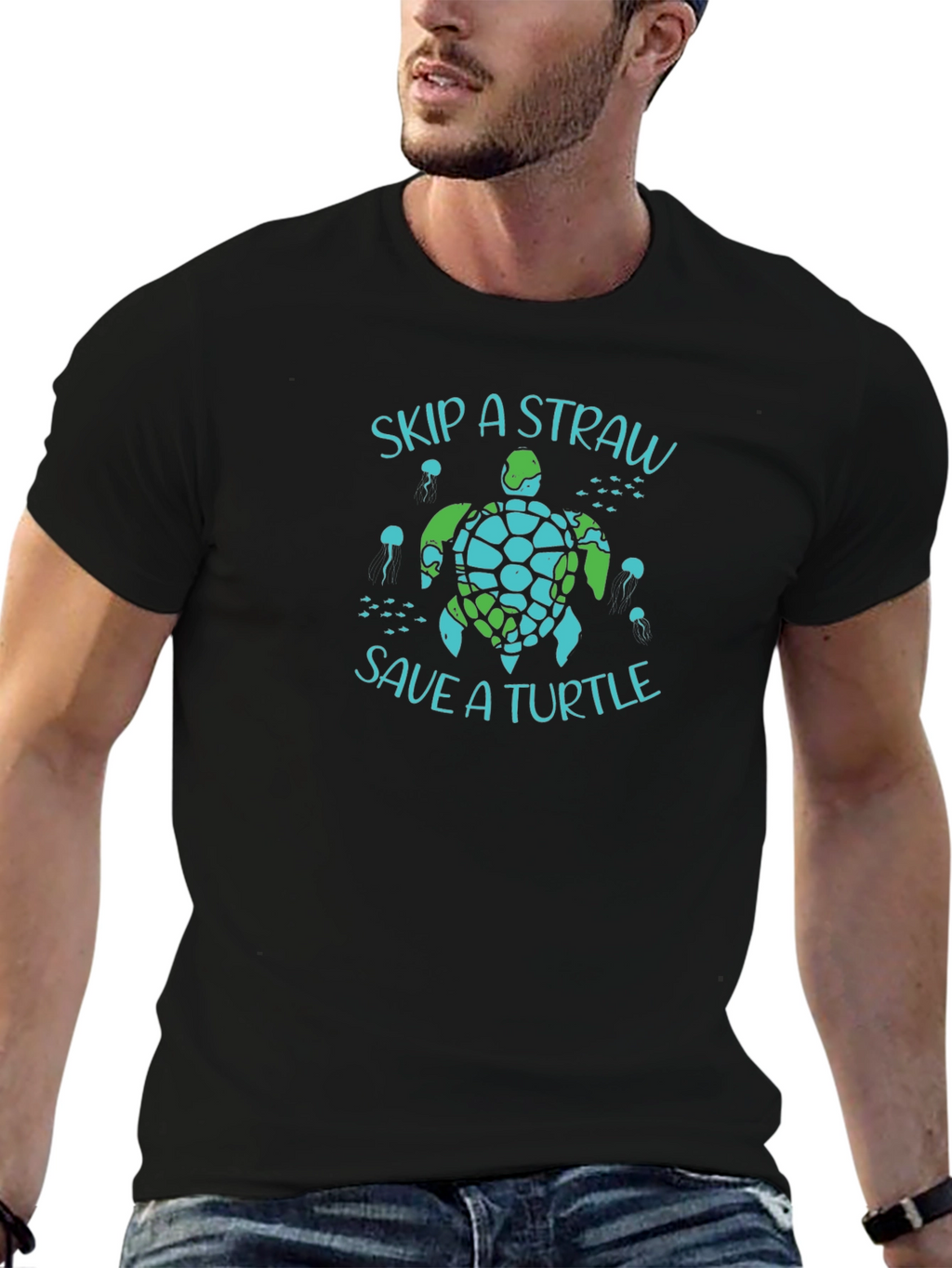 Skip a Straw Save a Turtle Black T-Shirt
