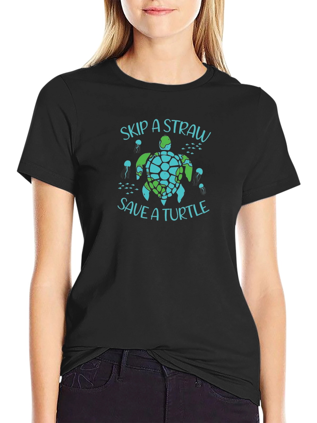 Skip a Straw Save a Turtle Black T-Shirt