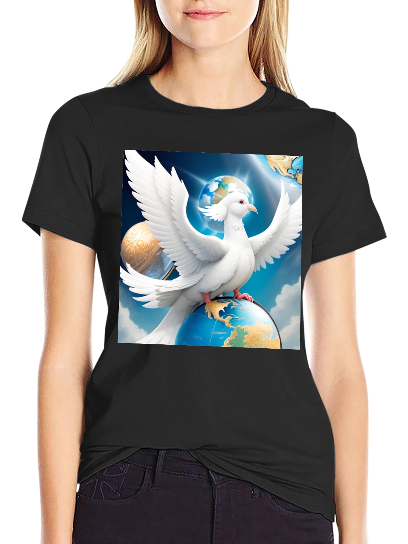 Dove Peace Globe Black T-Shirt