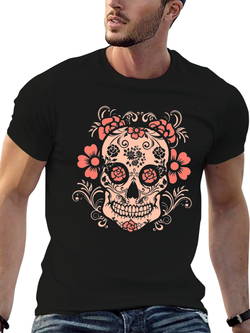Floral Skull Graphic Tee - Mens Black T-Shirt