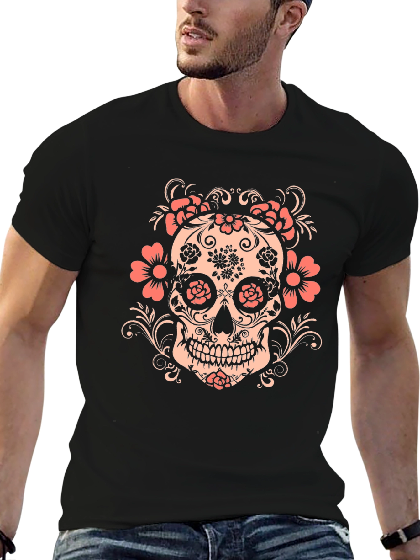 Floral Skull Graphic Tee - Mens Black T-Shirt