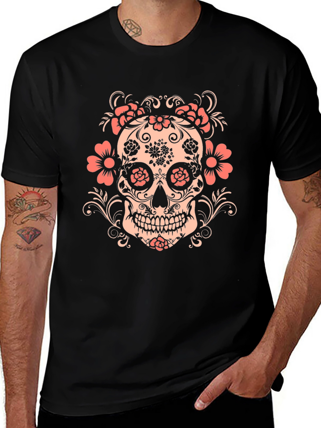 Floral Skull Graphic Tee - Mens Black T-Shirt