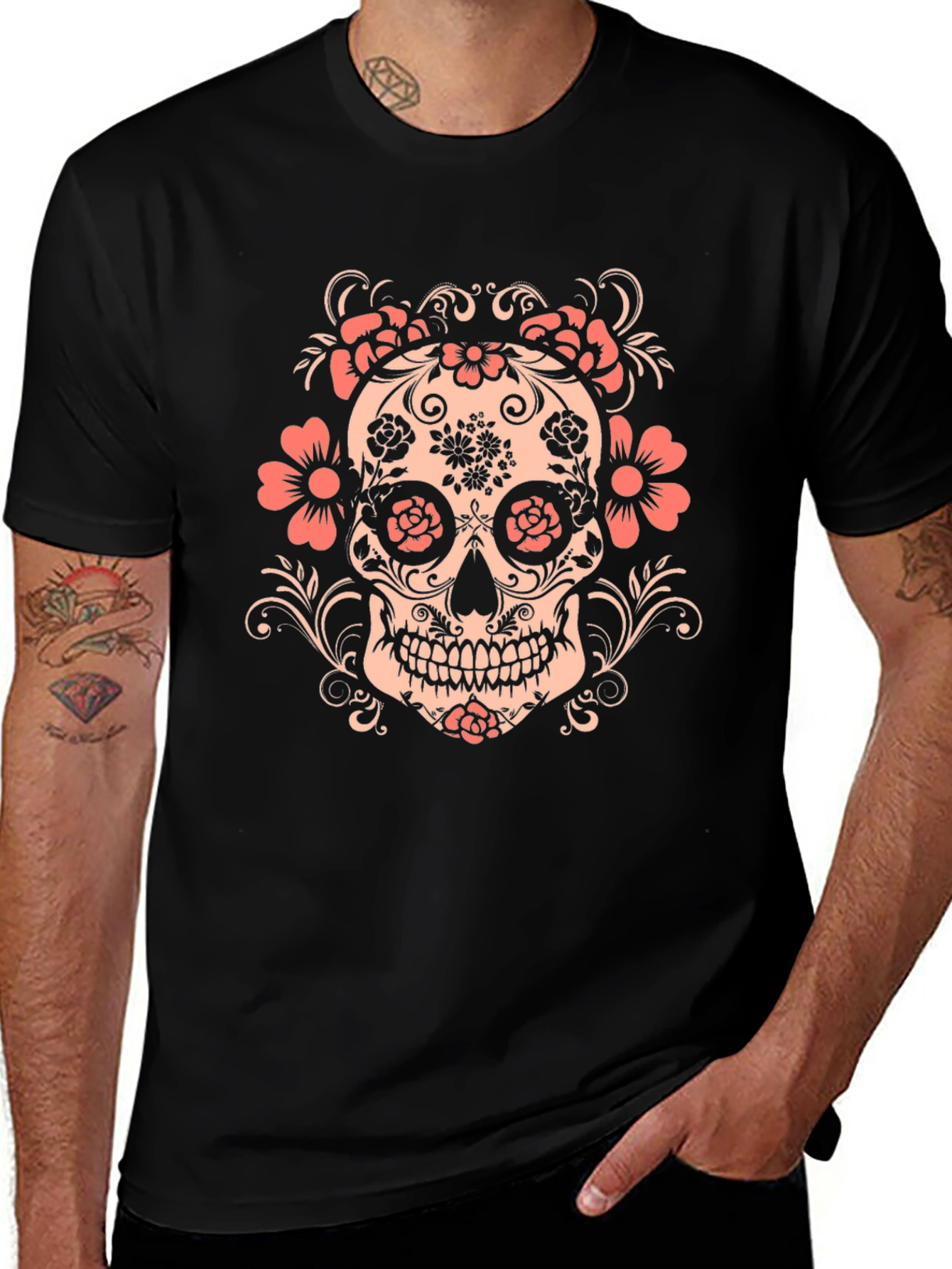 Floral Skull Graphic Tee - Mens Black T-Shirt