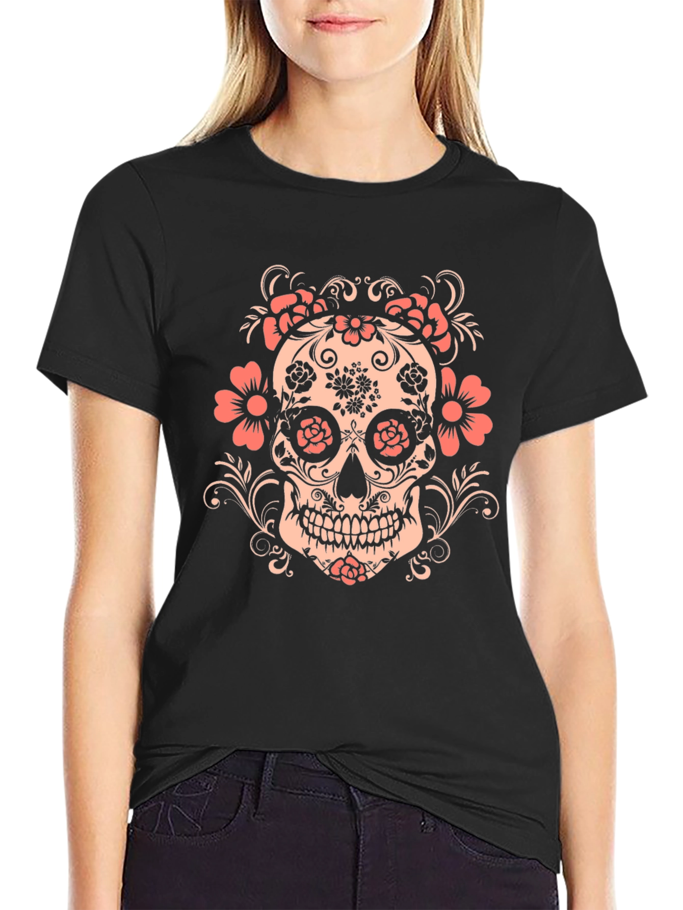Floral Skull Graphic Tee - Mens Black T-Shirt
