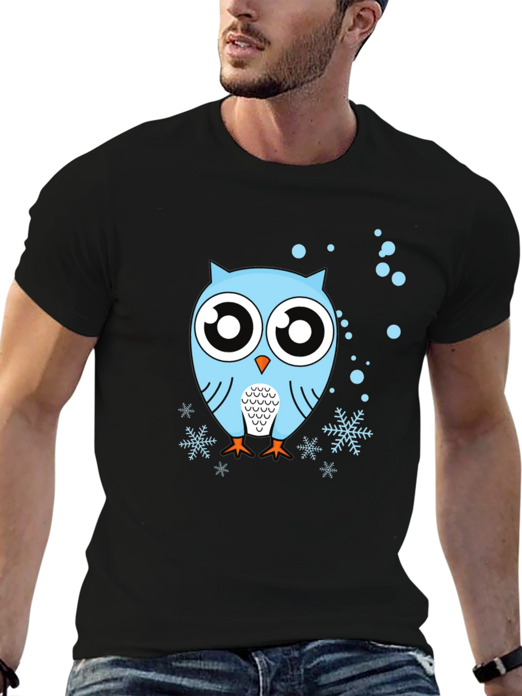 Owl Graphic Tee - Black Crew Neck Cotton Shirt