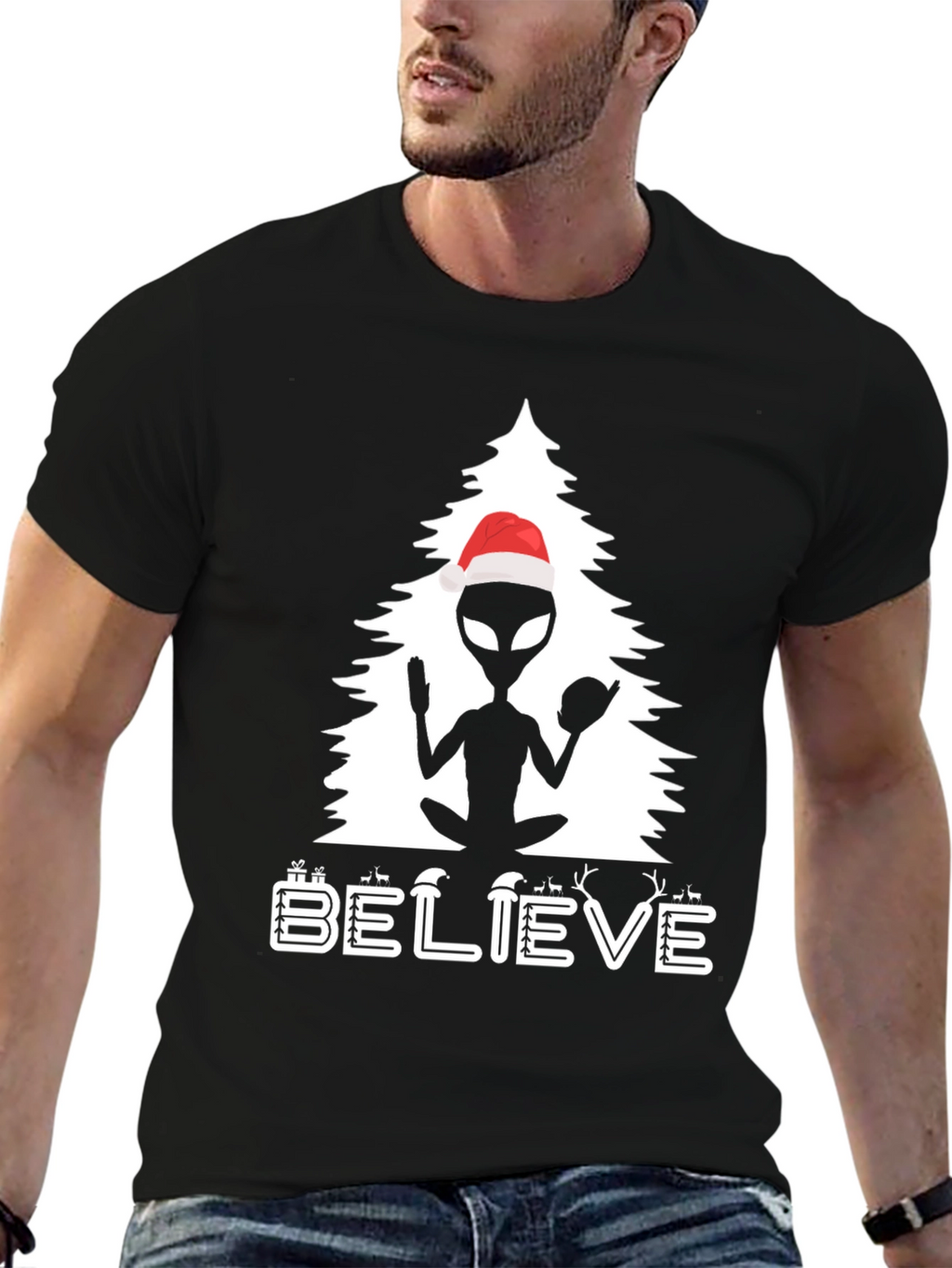 Believe Alien Christmas Tree Graphic Tee