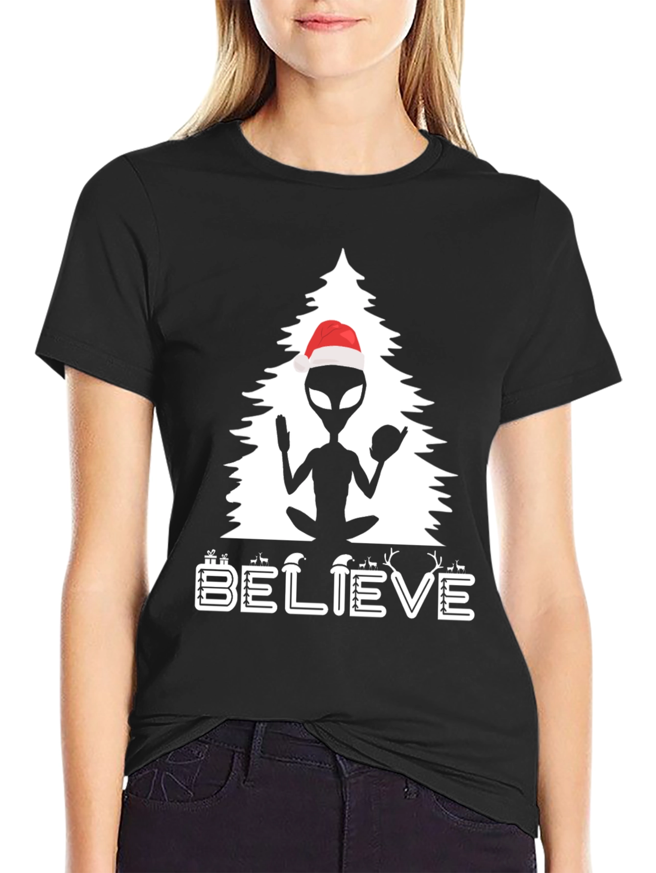 Believe Alien Christmas Tree Graphic Tee