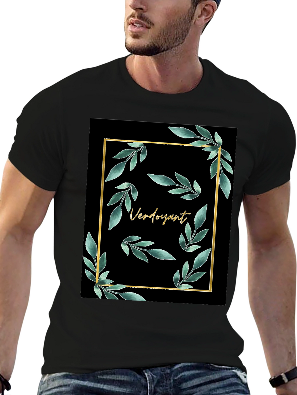 Verdoyant Black T-Shirt with Floral Gold Frame