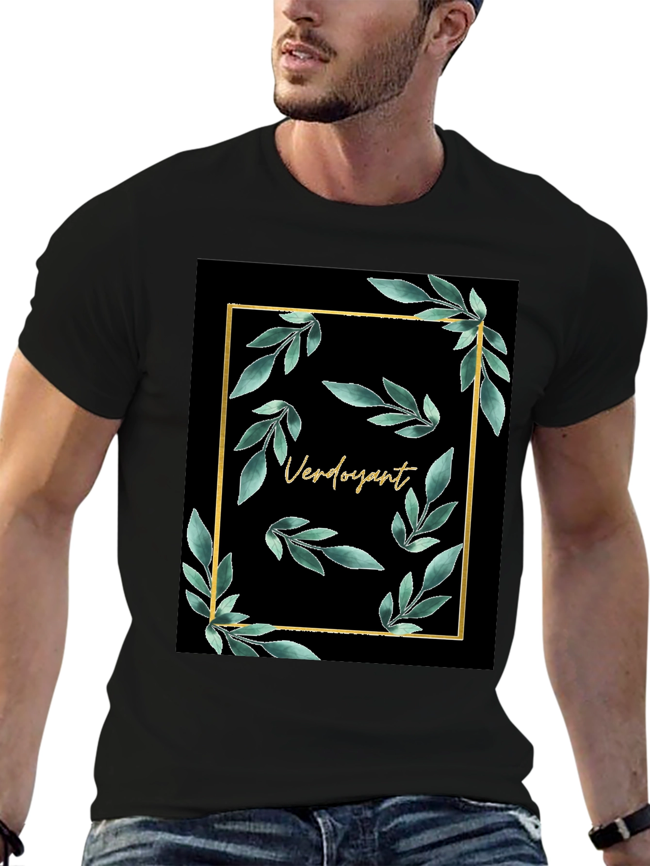 Verdoyant Black T-Shirt with Floral Gold Frame