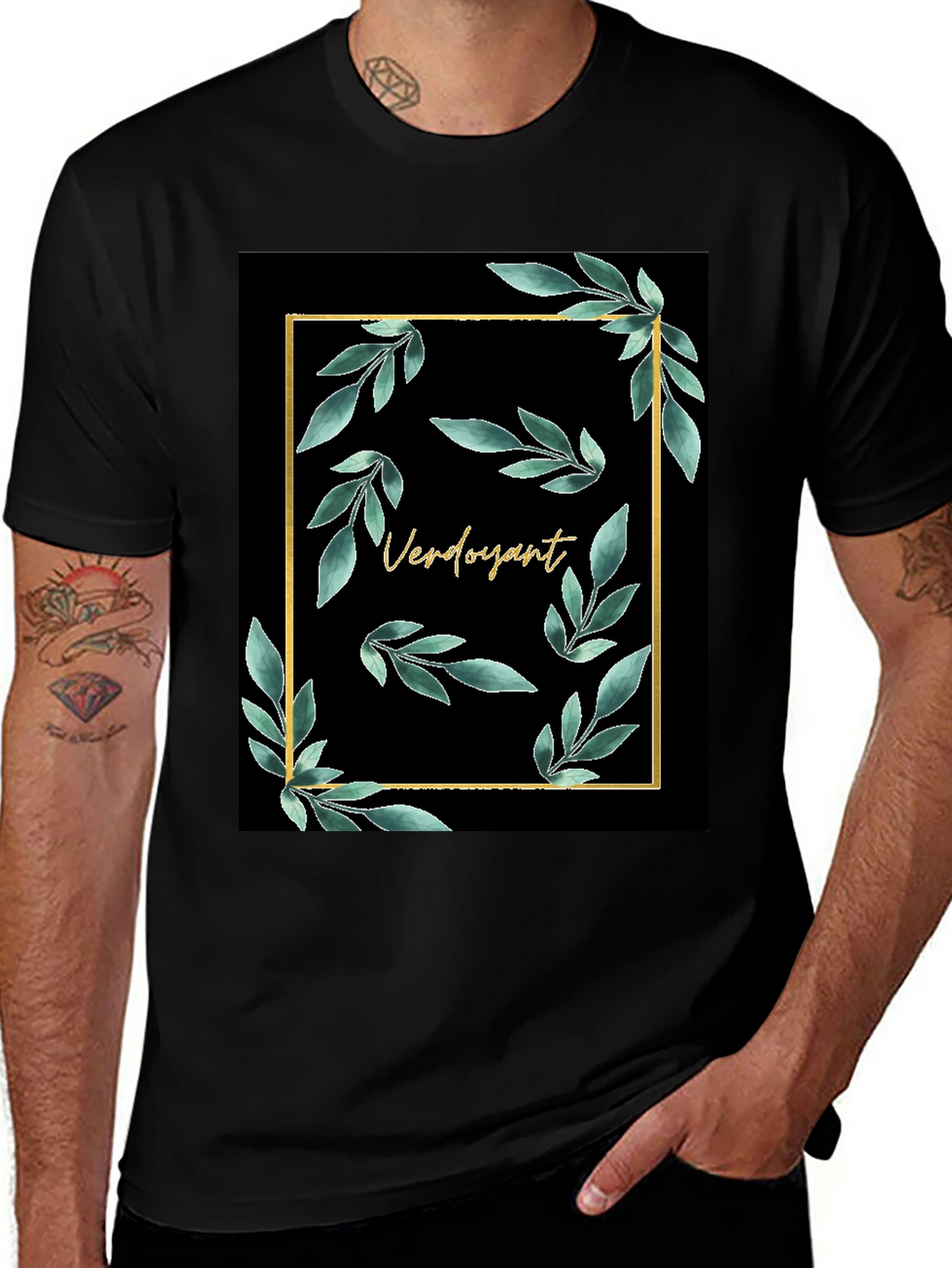 Verdoyant Black T-Shirt with Floral Gold Frame