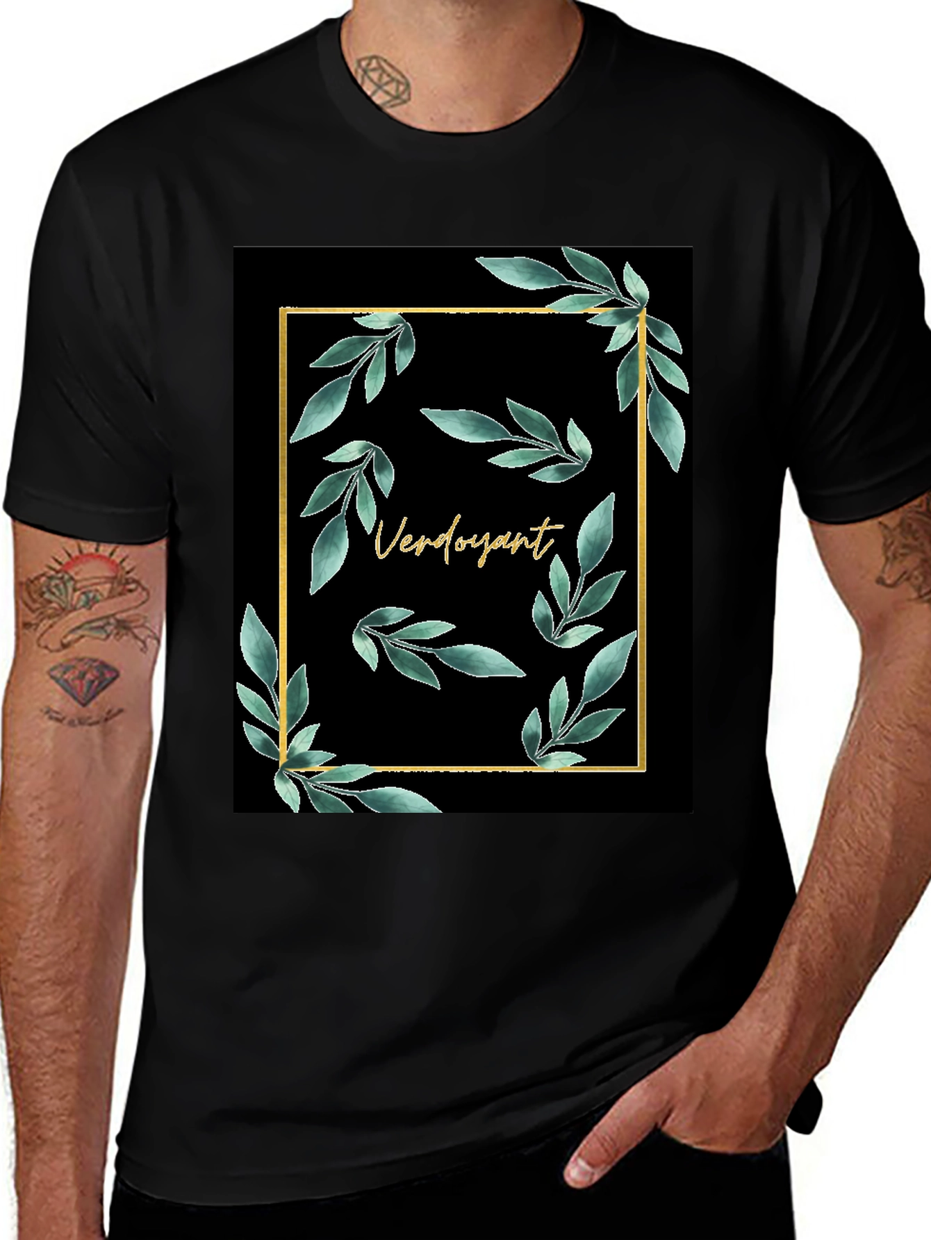 Verdoyant Black T-Shirt with Floral Gold Frame