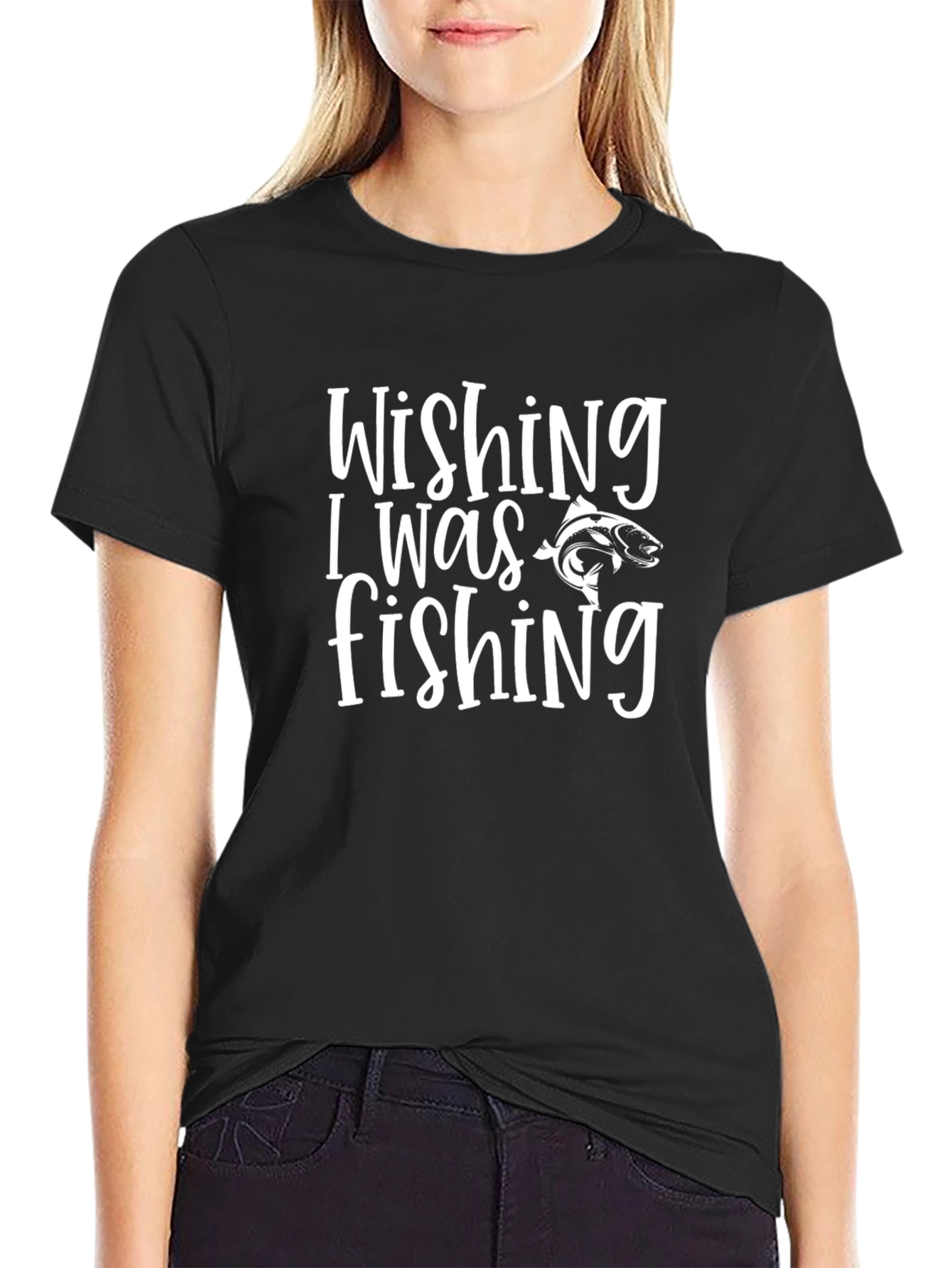Wishing I Was Fishing Black T-Shirt