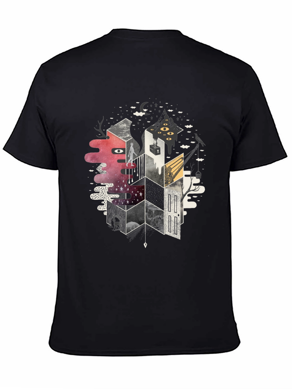 Abstract Geometric Dreamscape Graphic Tee - Black
