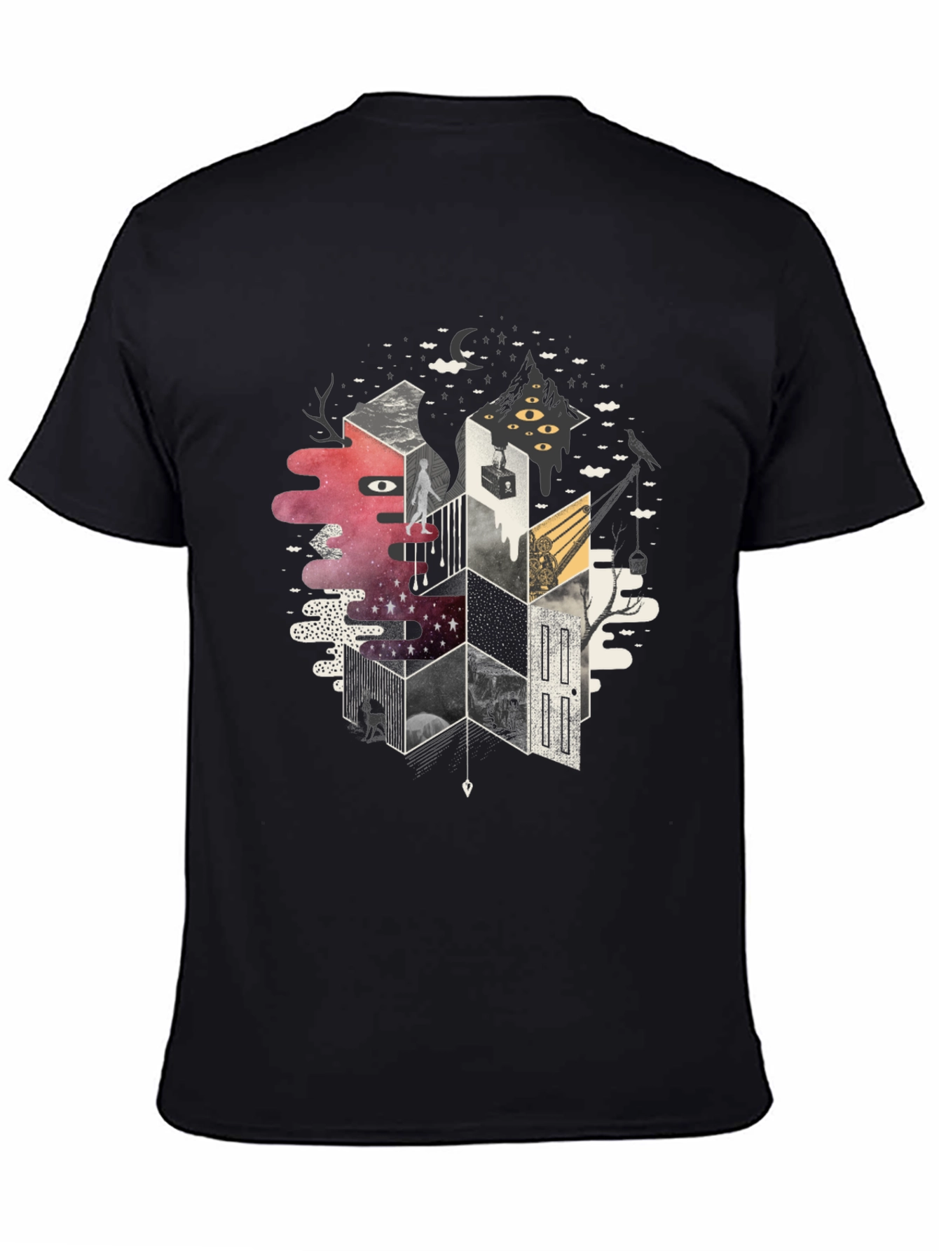 Abstract Geometric Dreamscape Graphic Tee - Black