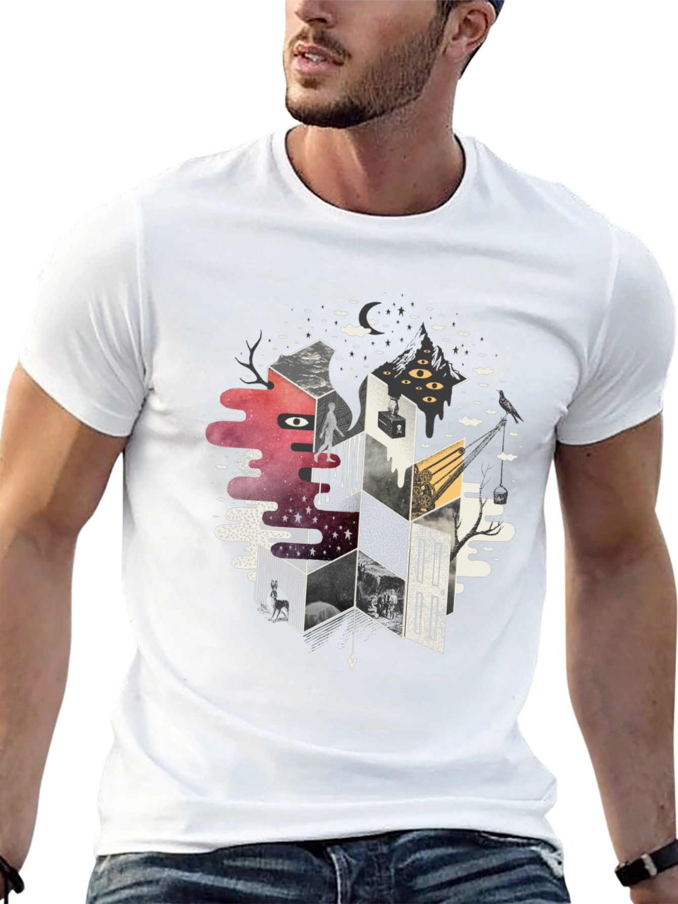 Abstract Geometric Dreamscape Graphic Tee - Black