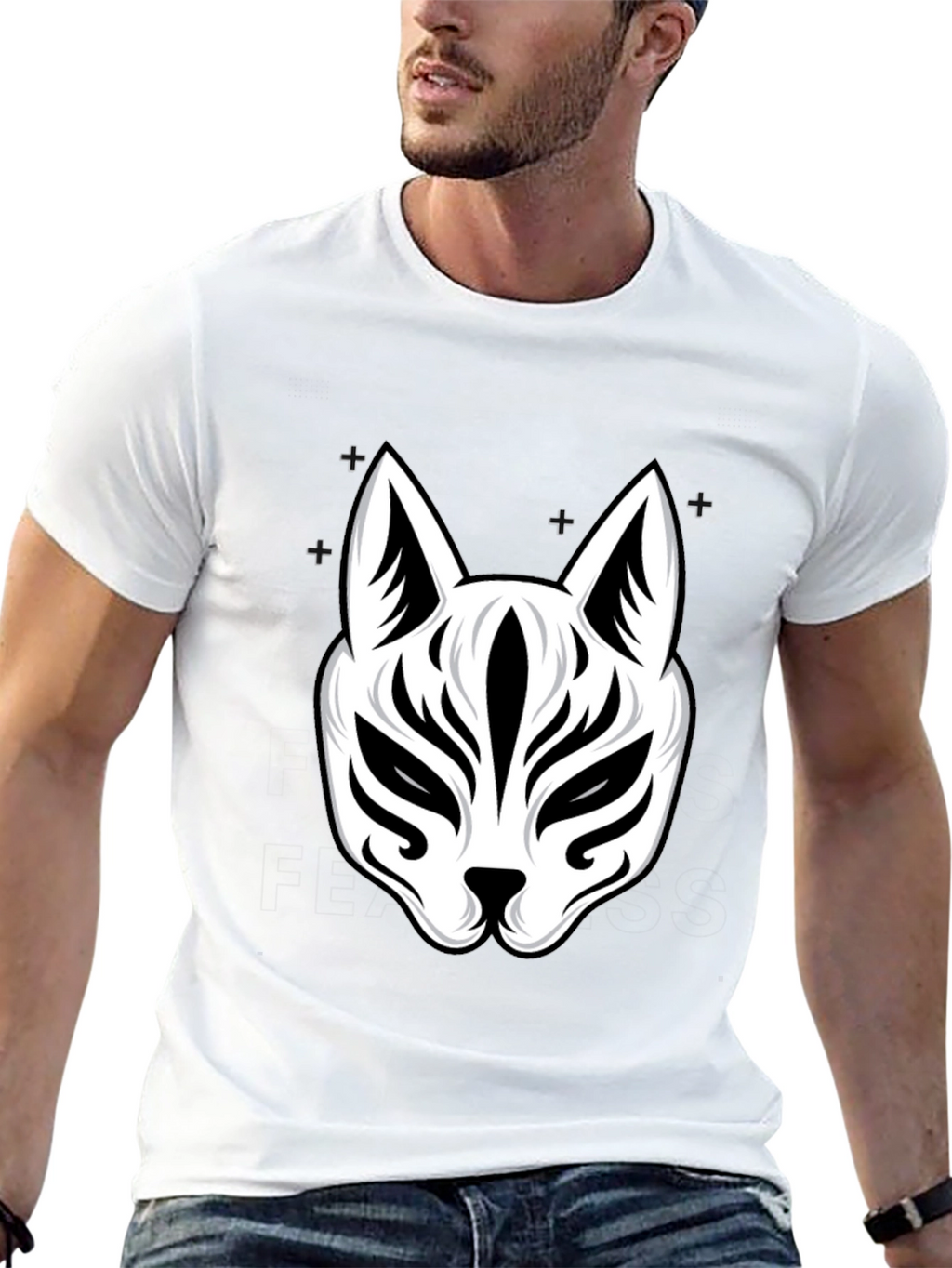 Black T-Shirt with White Kitsune Mask Graphic