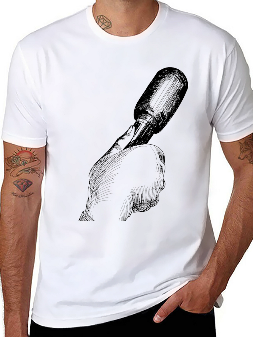 Dark Sketch Tee: Hand Holding Microphone