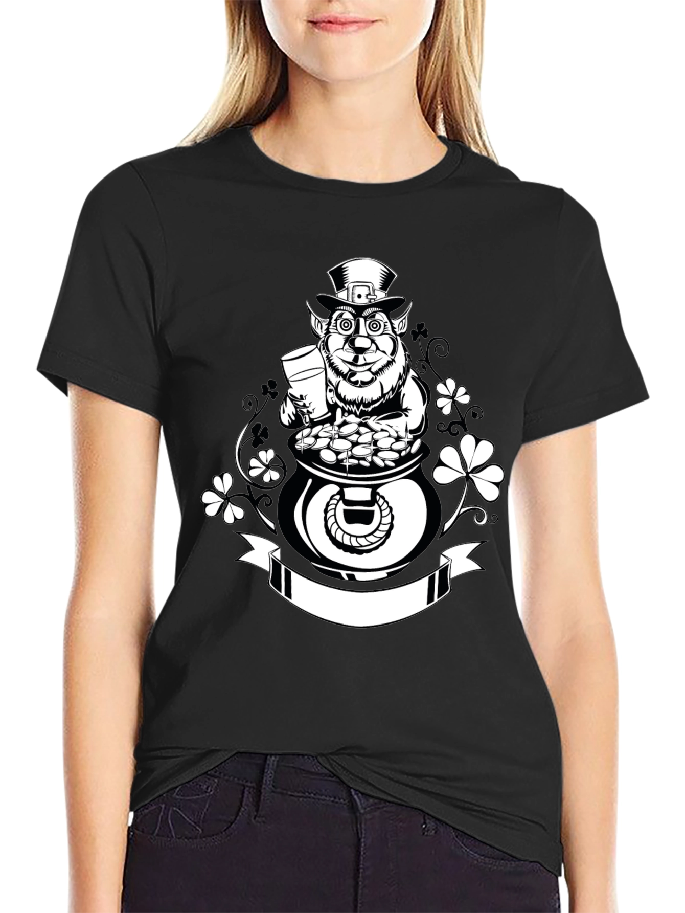 St. Patricks Day Leprechaun Pot of Gold Black T-Shirt