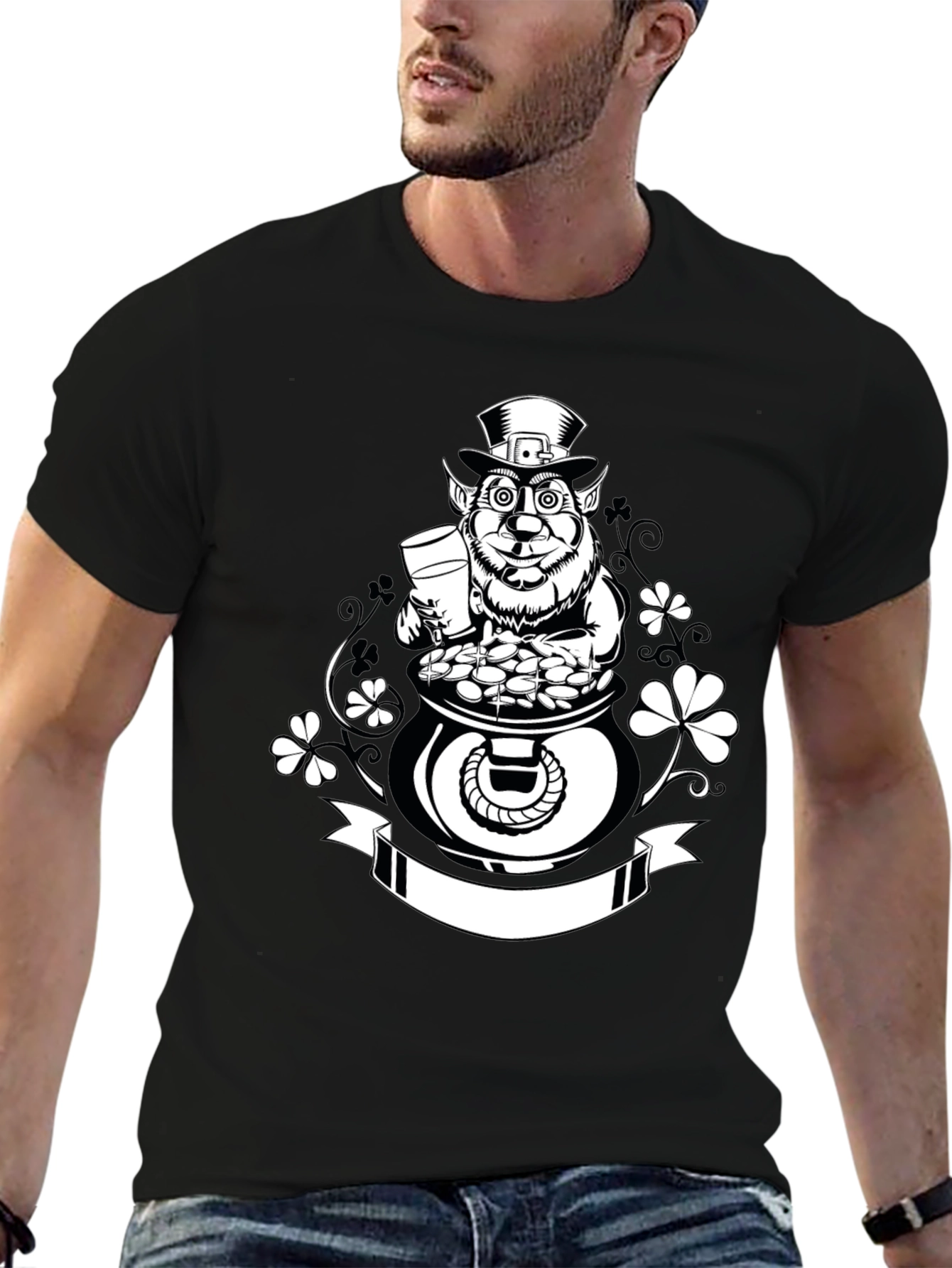 St. Patricks Day Leprechaun Pot of Gold Black T-Shirt