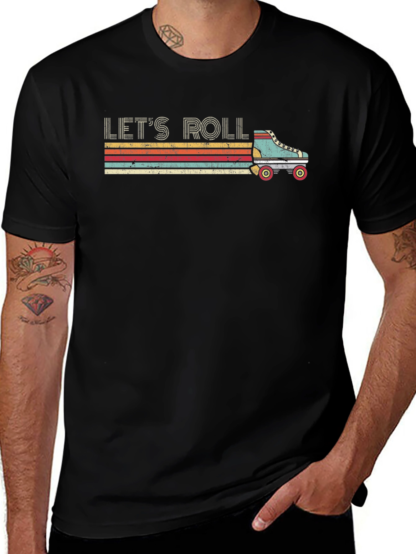 Lets Roll Retro Roller Skate Black T-Shirt
