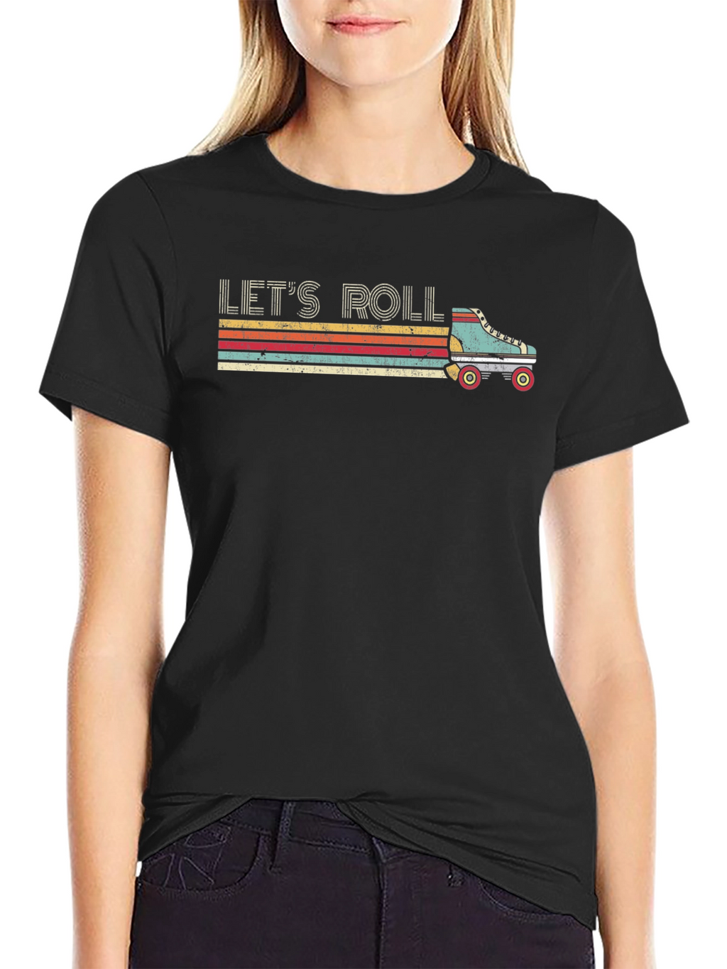 Lets Roll Retro Roller Skate Black T-Shirt