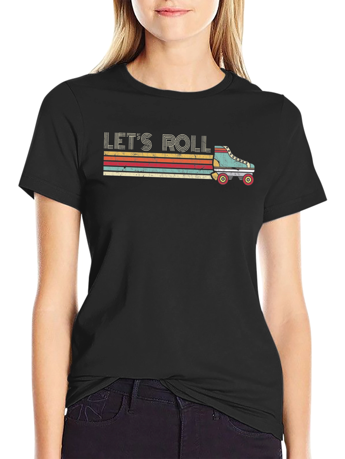Lets Roll Retro Roller Skate Black T-Shirt