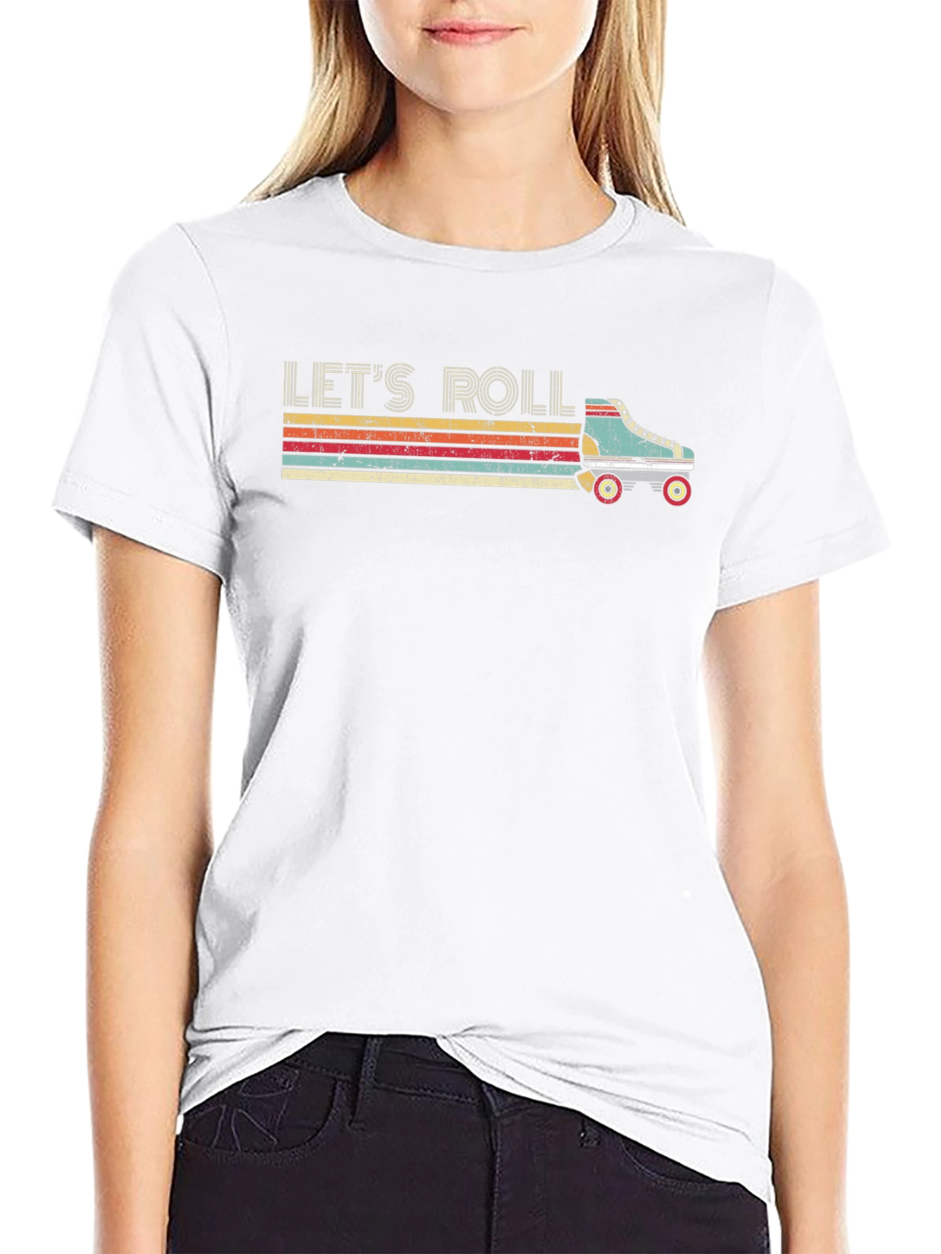 Lets Roll Retro Roller Skate Black T-Shirt