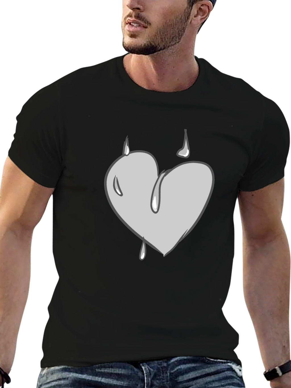Grey Heart Drip Graphic Black T-Shirt