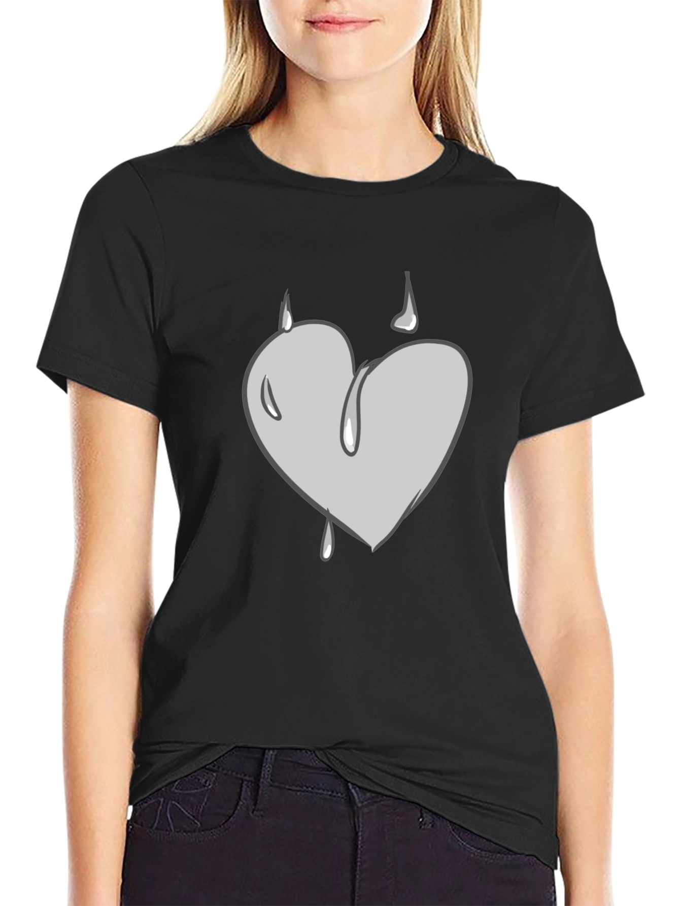 Grey Heart Drip Graphic Black T-Shirt