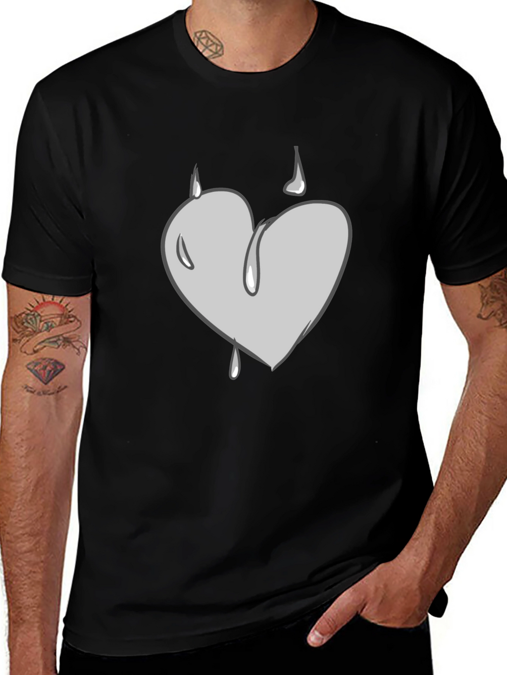 Grey Heart Drip Graphic Black T-Shirt