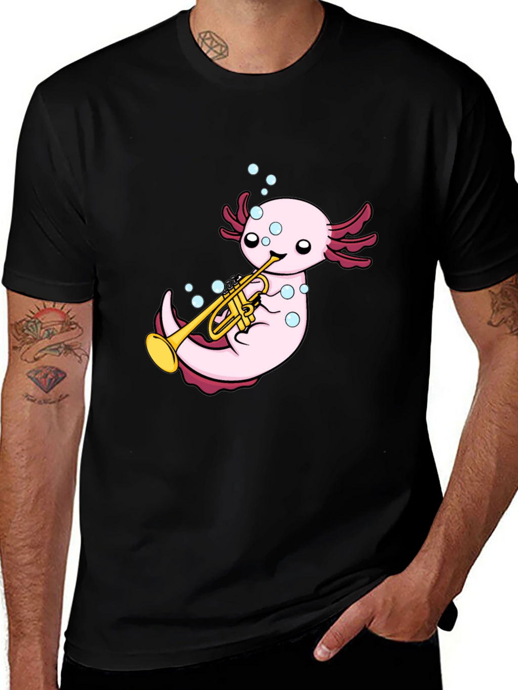 Axolotl Trumpet Player Graphic T-Shirt - Black