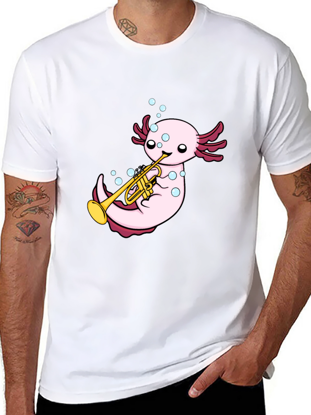 Axolotl Trumpet Player Graphic T-Shirt - Black