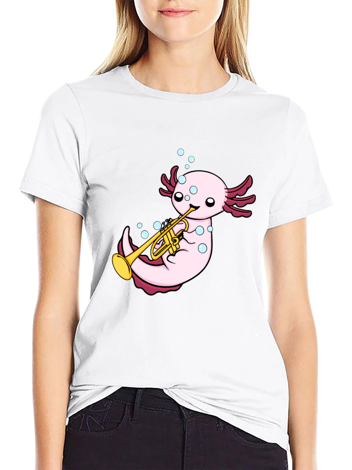 Axolotl Trumpet Player Graphic T-Shirt - Black