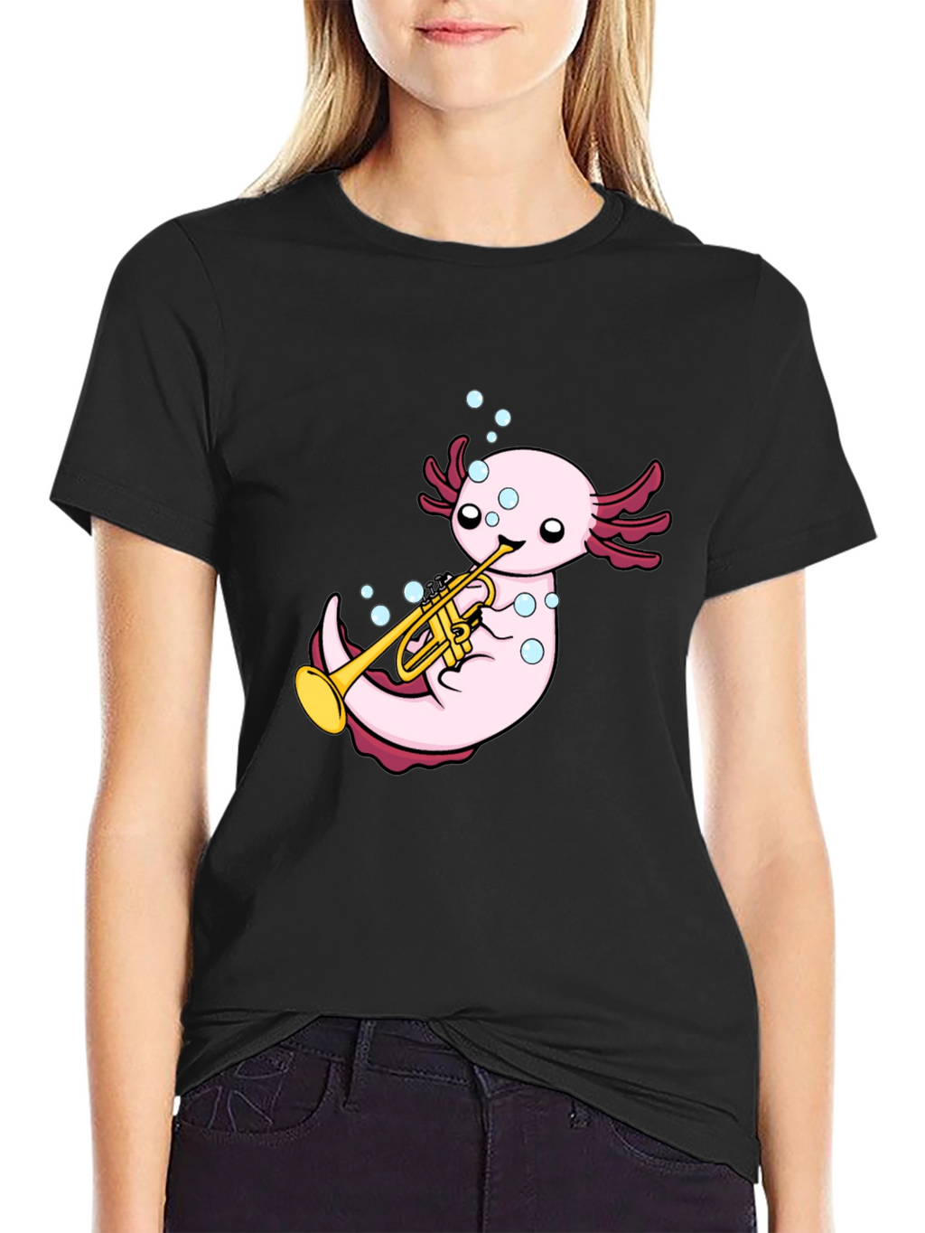Axolotl Trumpet Player Graphic T-Shirt - Black