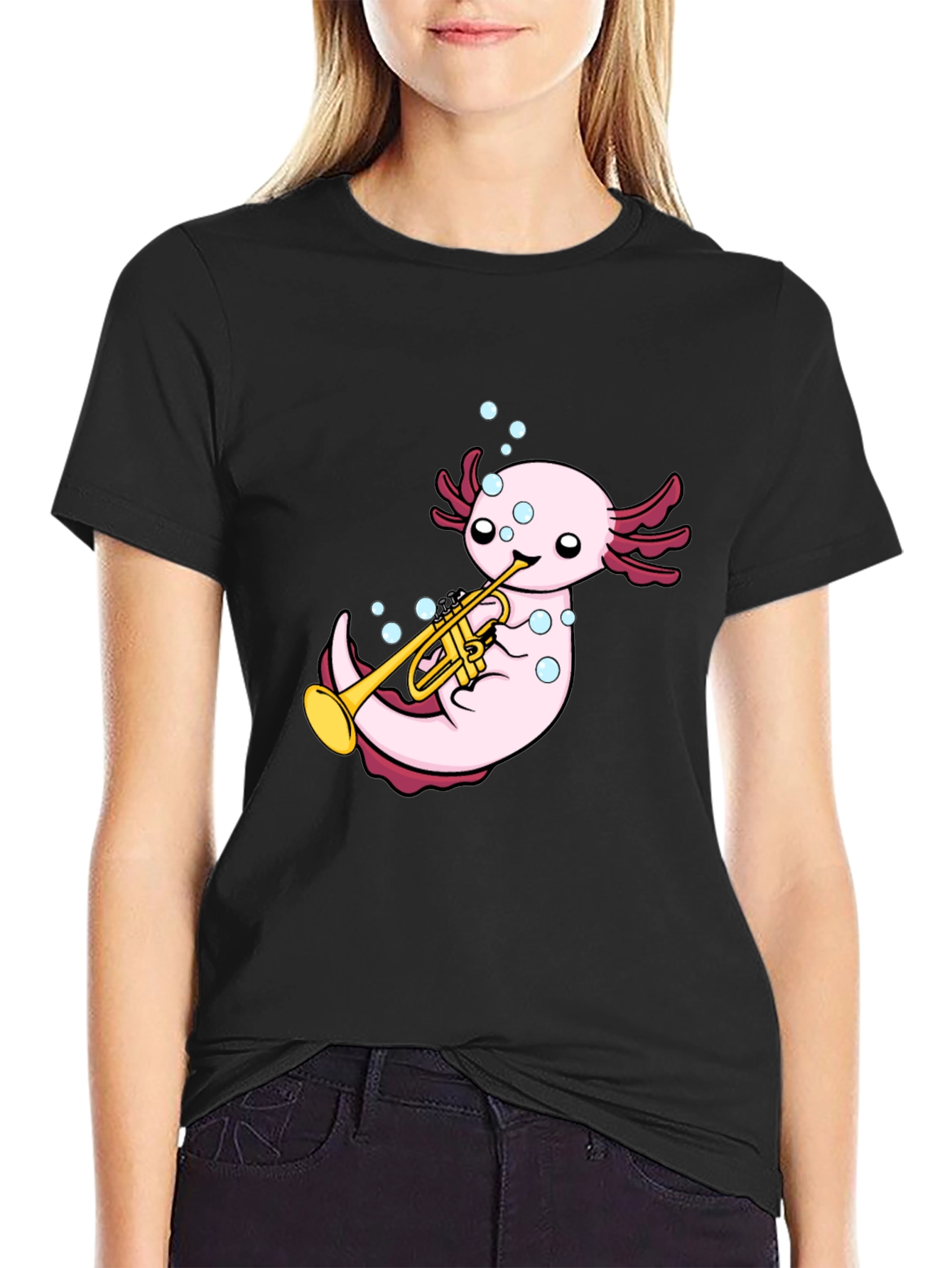 Axolotl Trumpet Player Graphic T-Shirt - Black