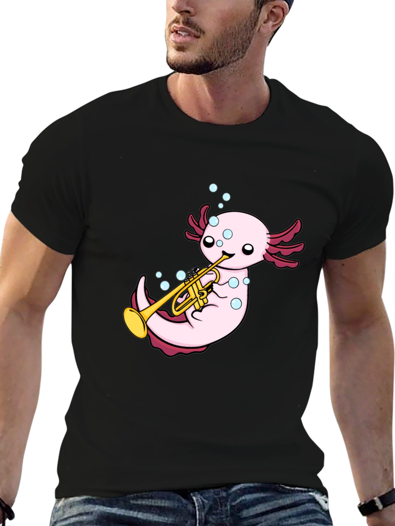 Axolotl Trumpet Player Graphic T-Shirt - Black