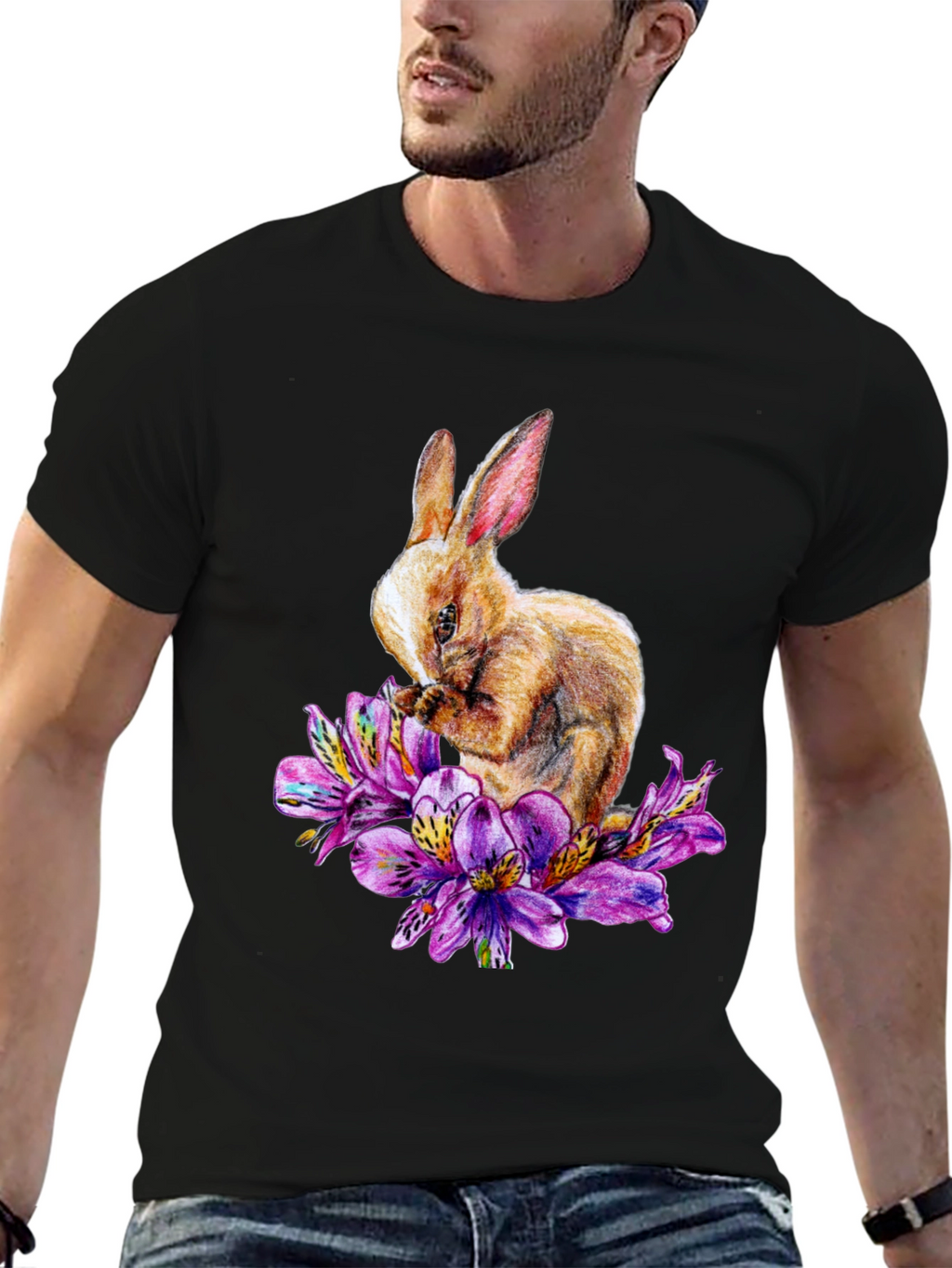 Rabbit and Floral T-Shirt - Unique Graphic Tee