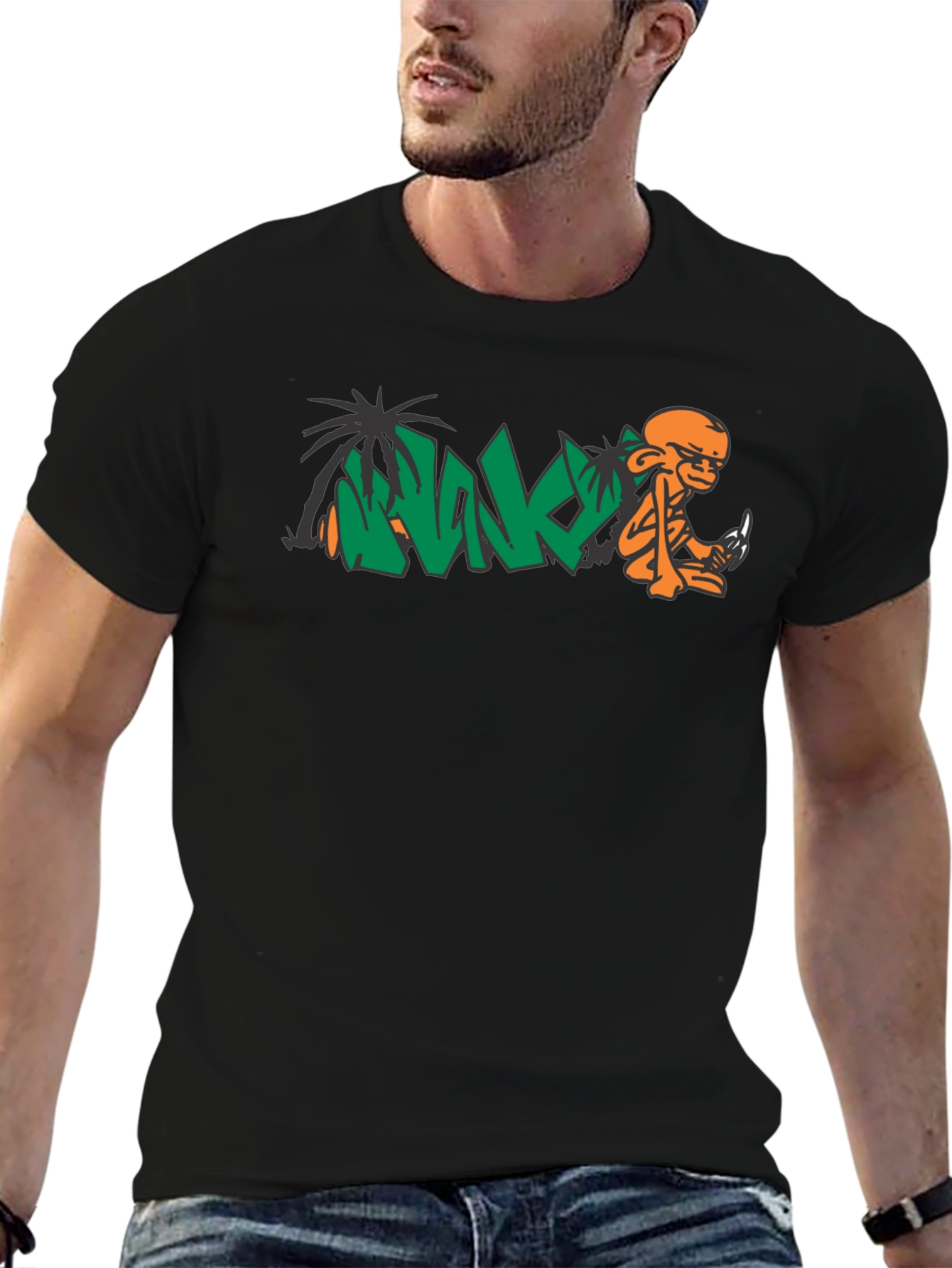 Cool Black T-Shirt with Orange Monkey Graphic