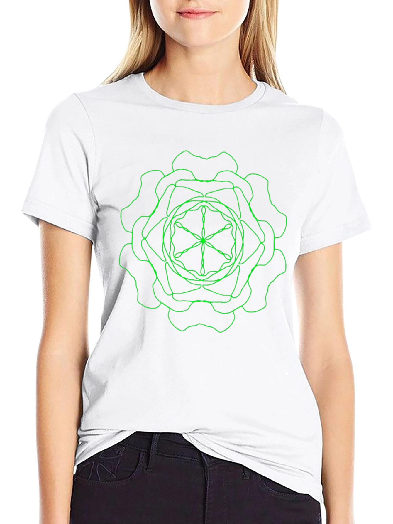 Geometric Green Line Art Black T-Shirt