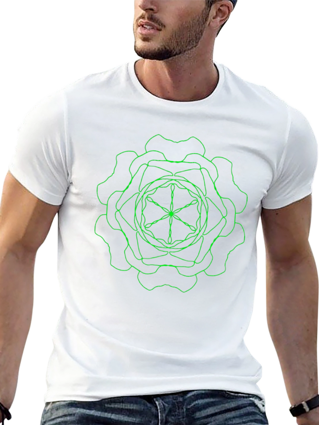 Geometric Green Line Art Black T-Shirt