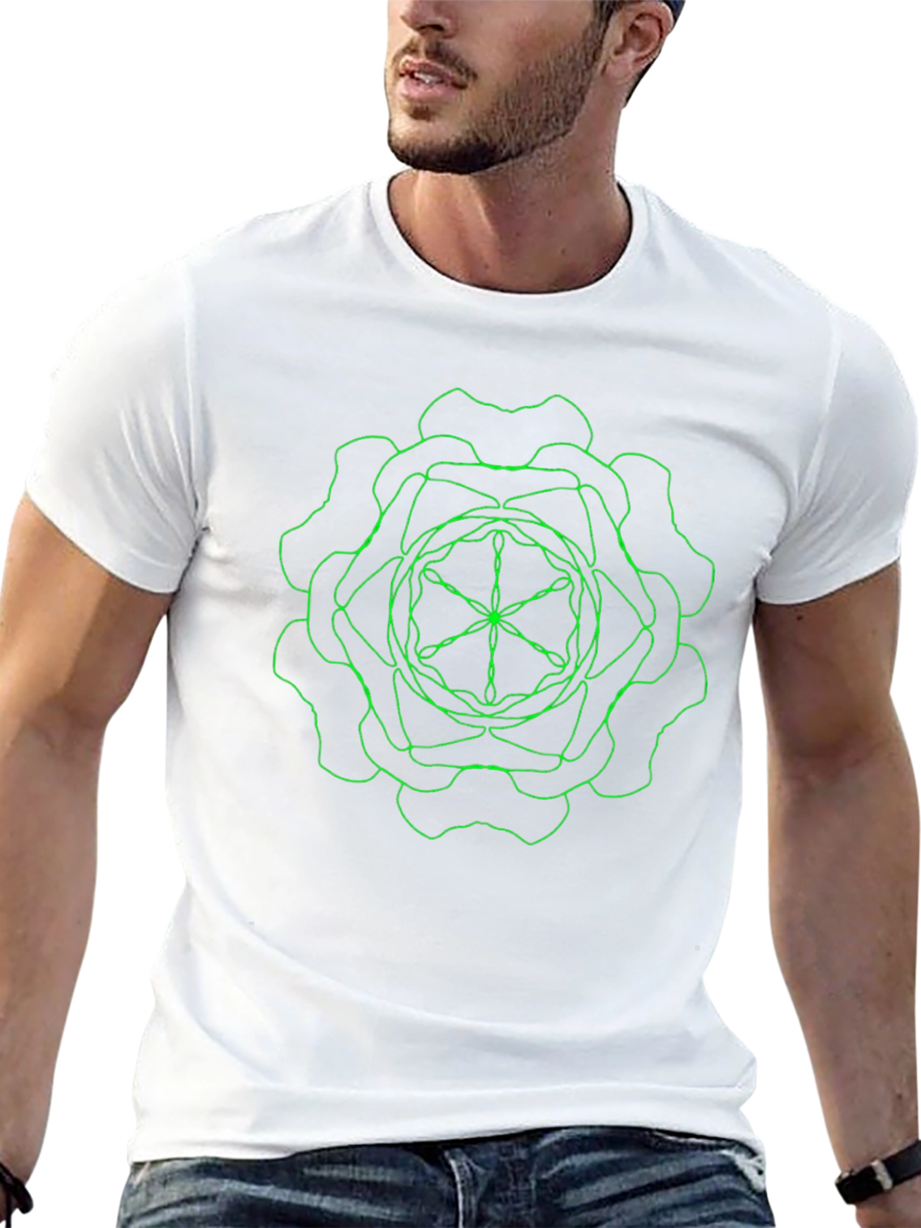 Geometric Green Line Art Black T-Shirt