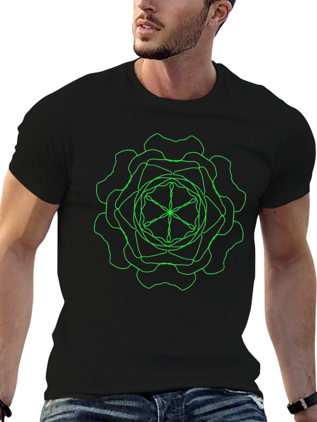 Geometric Green Line Art Black T-Shirt