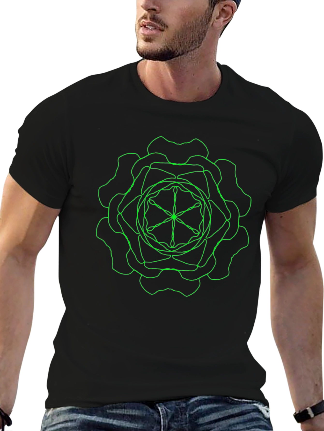 Geometric Green Line Art Black T-Shirt