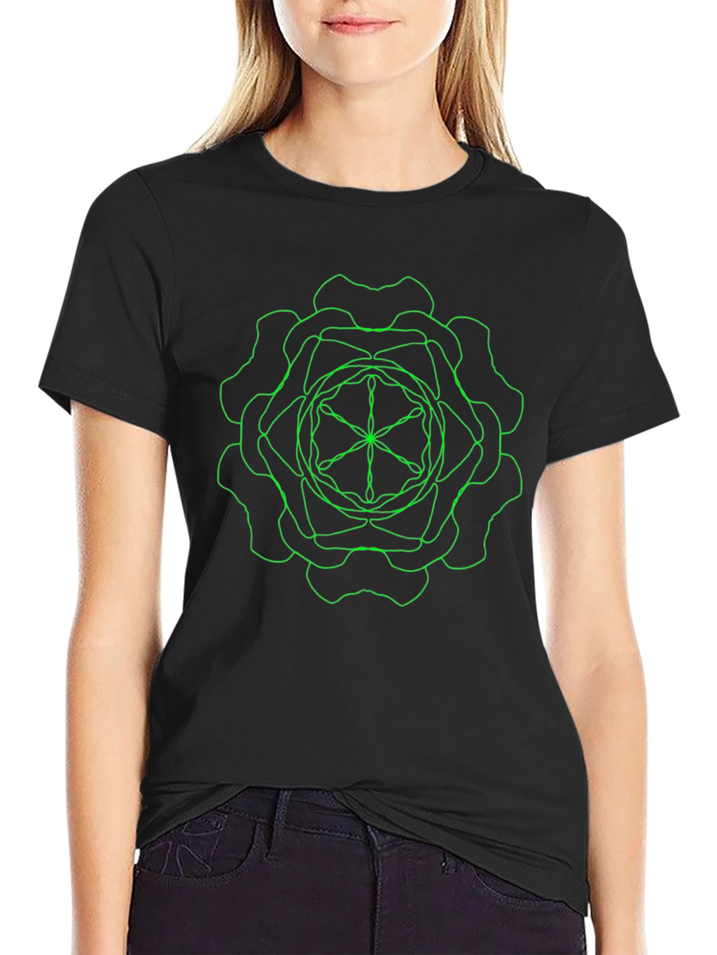 Geometric Green Line Art Black T-Shirt