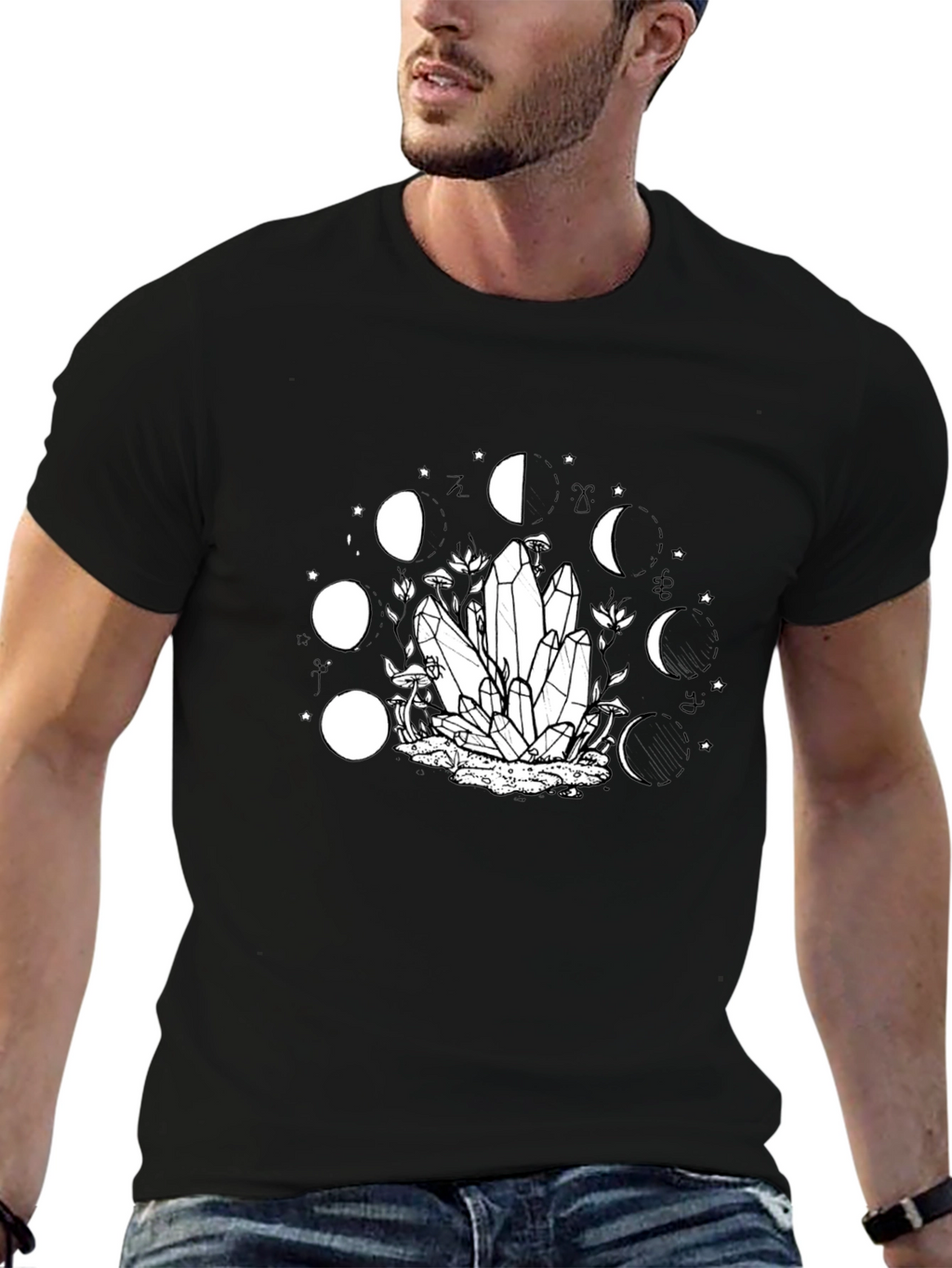 Mystic Moon Phase Crystal Graphic Tee - Black