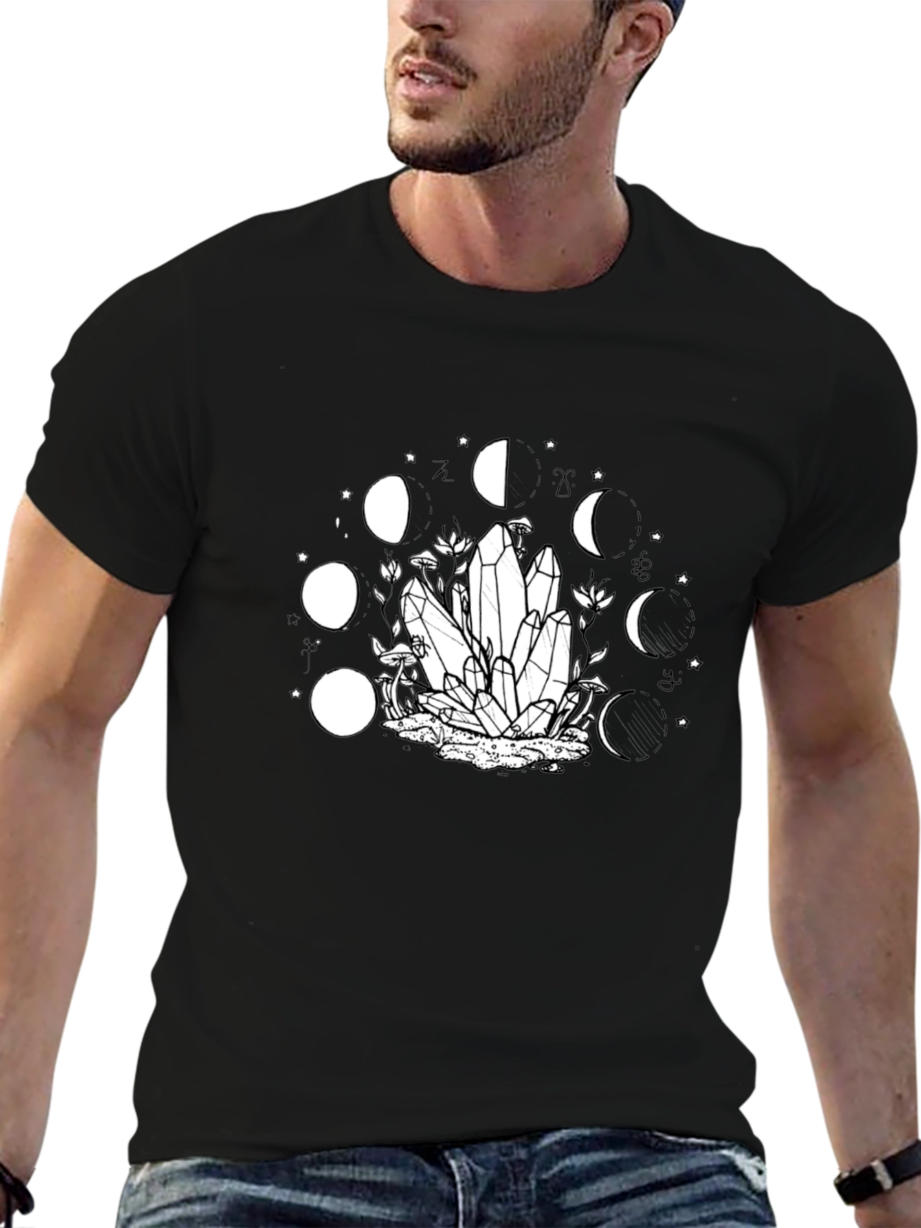 Mystic Moon Phase Crystal Graphic Tee - Black